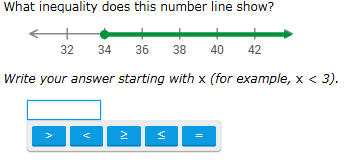 what inequality does this number line show?\nwrite your answer starting with $x$ (for example, $x < 3$).