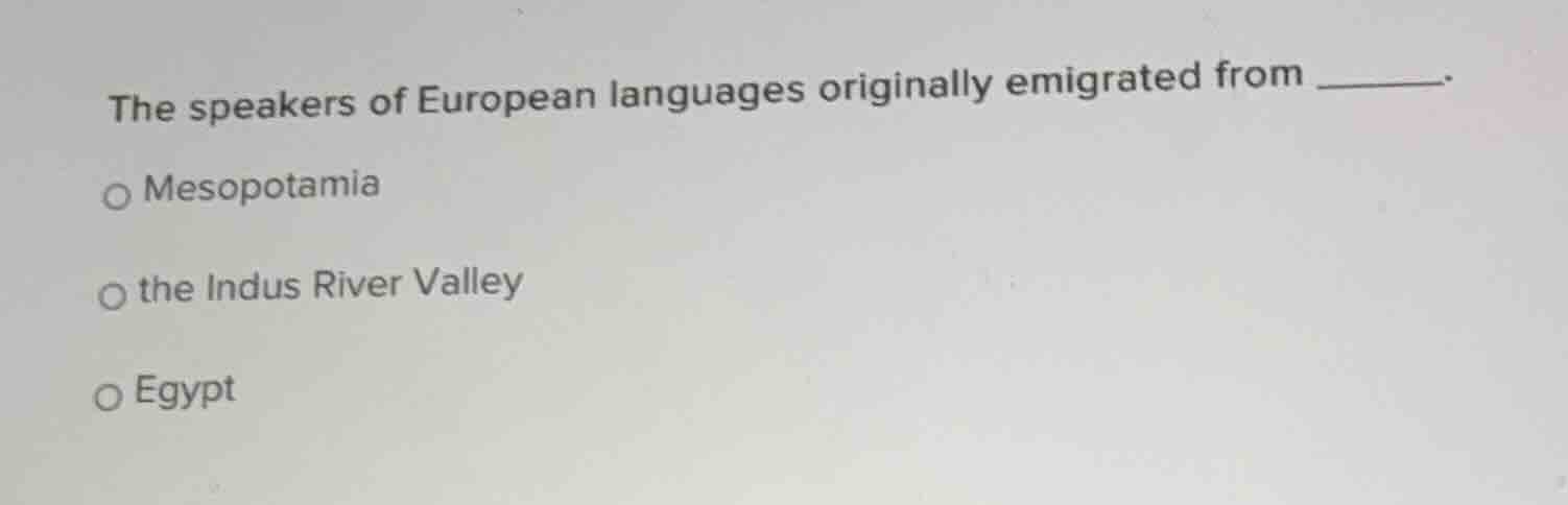 the speakers of european languages originally emigrated from ________.\no mesopotamia\no the indus river valley\no egypt