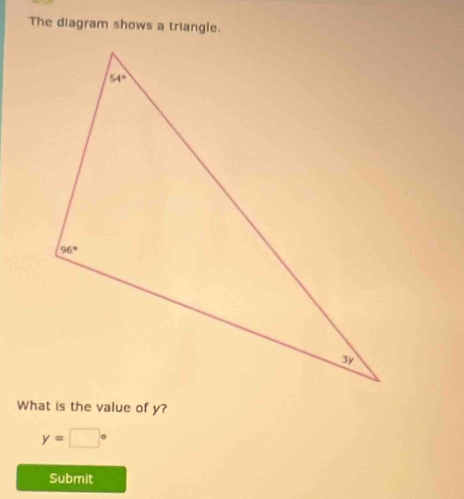 the diagram shows a triangle.\nwhat is the value of $y$?\n$y = \\square^{\\circ}$