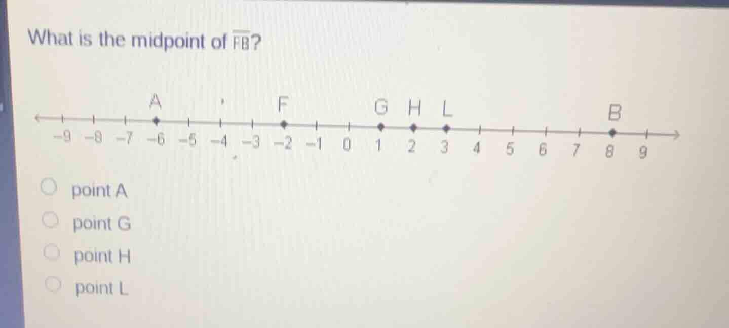 what is the midpoint of $\\overline{fb}$?\n\npoint a\npoint g\npoint h\npoint l