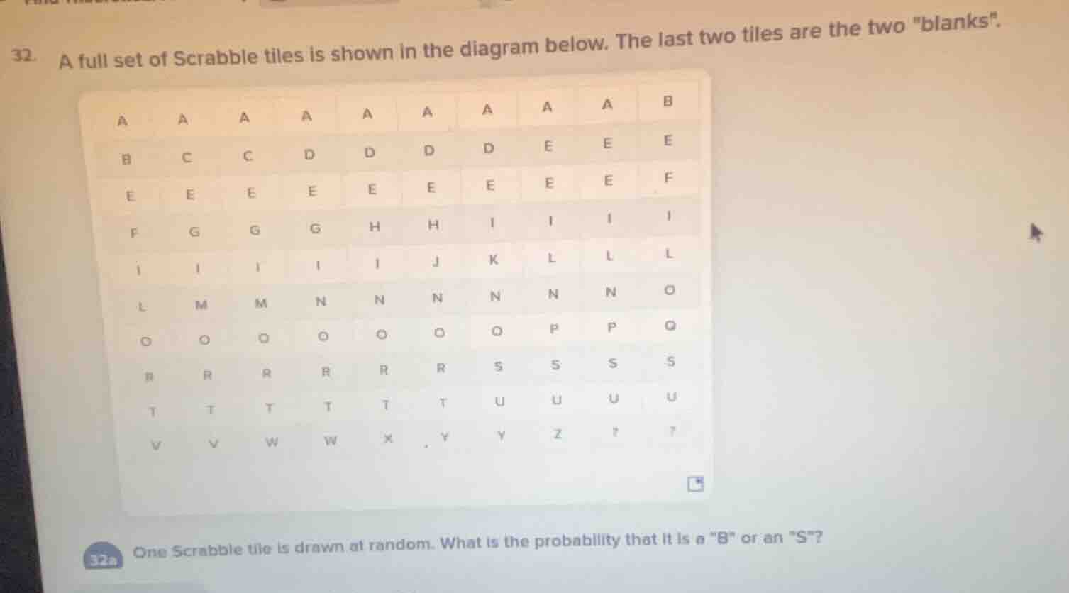 32. a full set of scrabble tiles is shown in the diagram below. the last two tiles are the two \blanks\.\n32a one scrabble tile is drawn at random. what is the probability that it is a \b\ or an \s\?