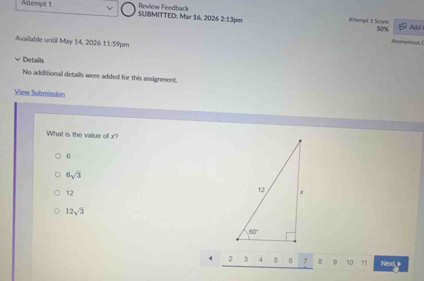 what is the value of $x$?\n\n6\n$6\\sqrt{3}$\n12\n$12\\sqrt{3}$