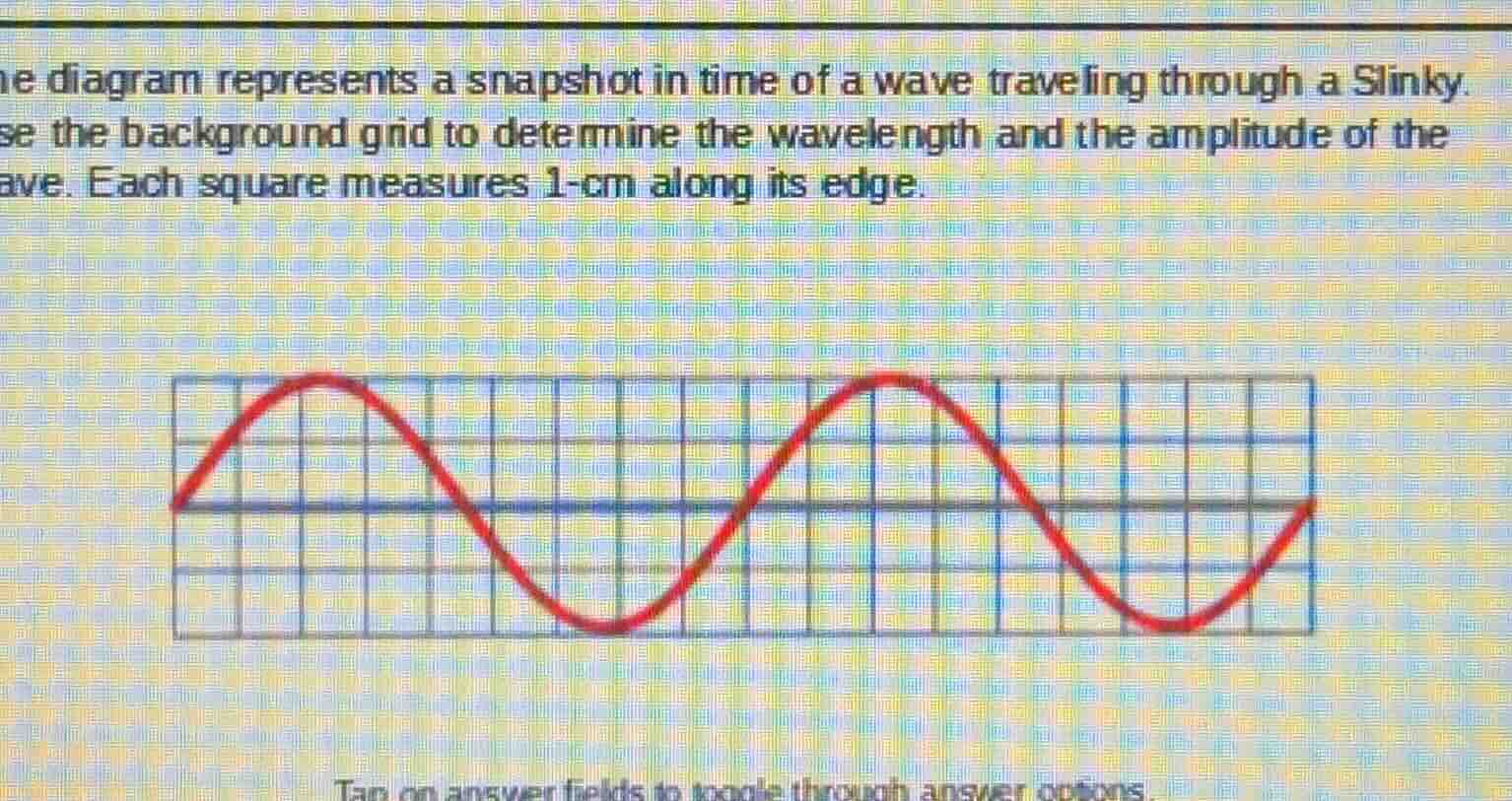 the diagram represents a snapshot in time of a wave traveling through a slinky. use the background grid to determine the wavelength and the amplitude of the wave. each square measures 1-cm along its edge.