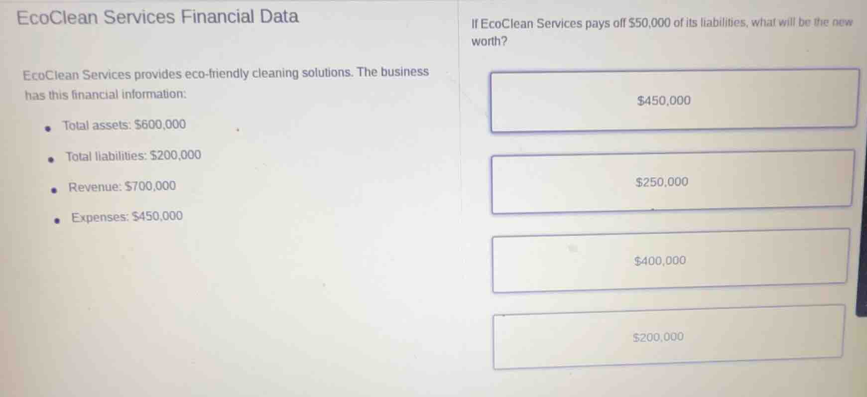 ecoclean services financial data\n\necoclean services provides eco-friendly cleaning solutions. the business has this financial information:\n\n* total assets: $600,000\n* total liabilities: $200,000\n* revenue: $700,000\n* expenses: $450,000\n\nif ecoclean services pays off $50,000 of its liabilities, what will be the new worth?\n\n$450,000\n$250,000\n$400,000\n$200,000