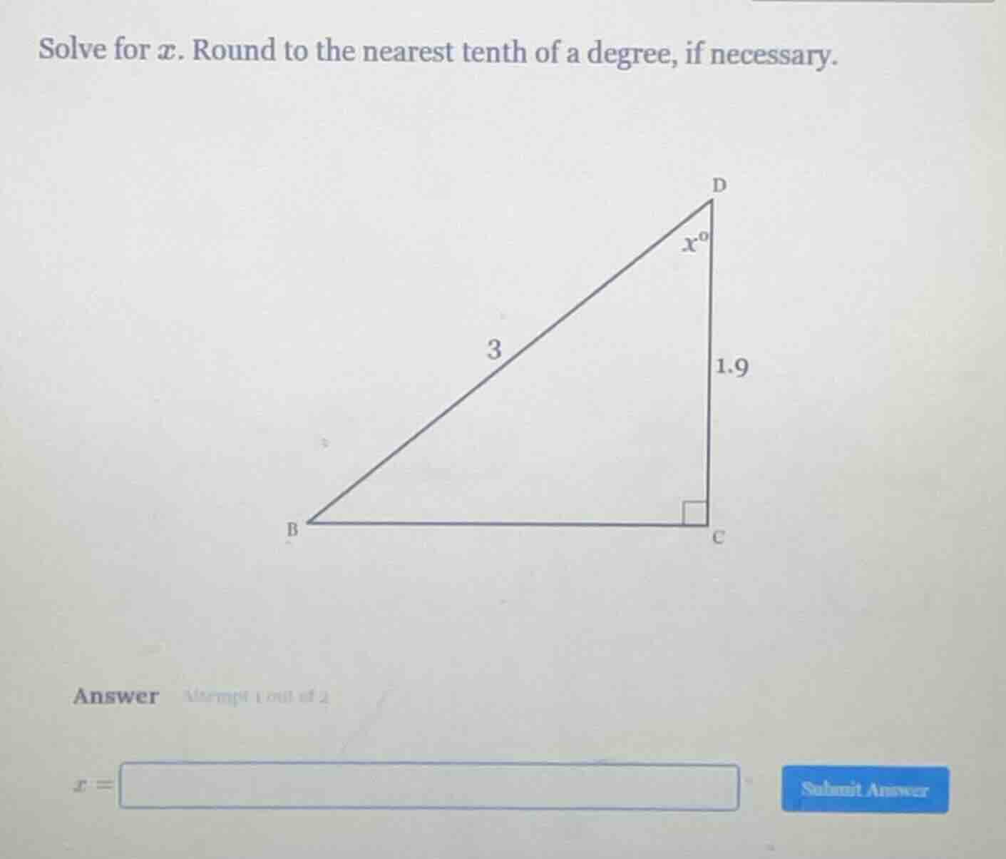 solve for $x$. round to the nearest tenth of a degree, if necessary.\n\nanswer\n$x = $