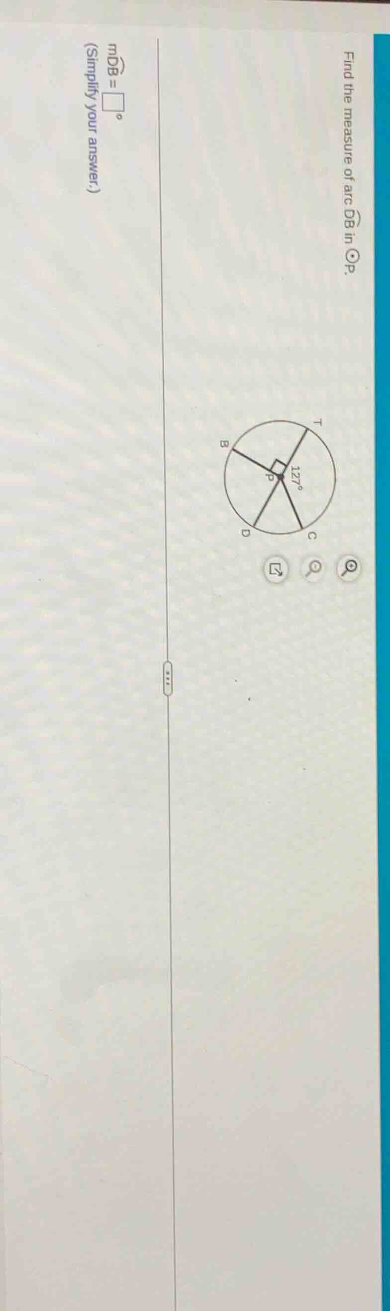 find the measure of arc $\\widehat{db}$ in $\\odot p$.\n$m\\widehat{db} = \\square^{\\circ}$\n(simplify your answer.)