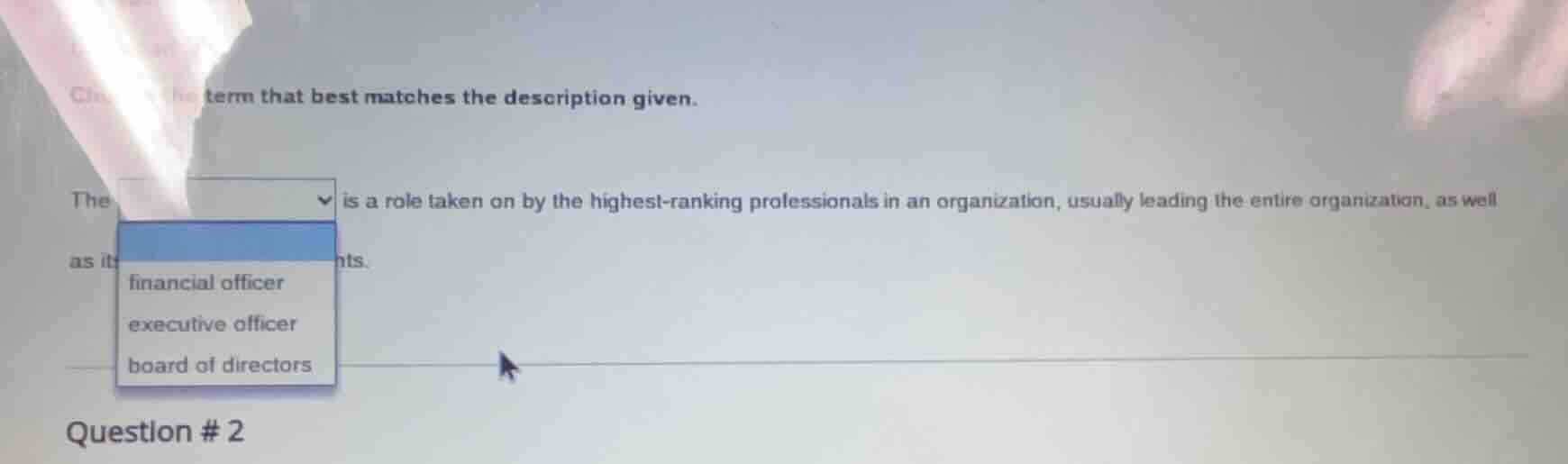 choose the term that best matches the description given.\n\nthe dropdown is a role taken on by the highest-ranking professionals in an organization, usually leading the entire organization, as well as its departments.\n\nfinancial officer\nexecutive officer\nboard of directors\n\nquestion # 2