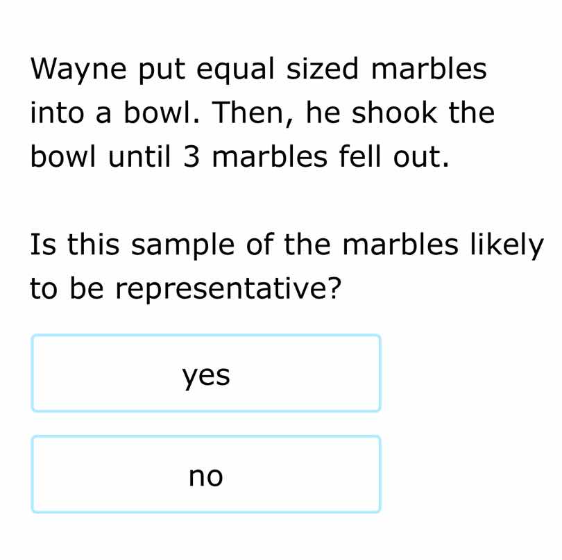 wayne put equal sized marbles into a bowl. then, he shook the bowl until 3 marbles fell out.\n\nis this sample of the marbles likely to be representative?\n\nyes\n\nno