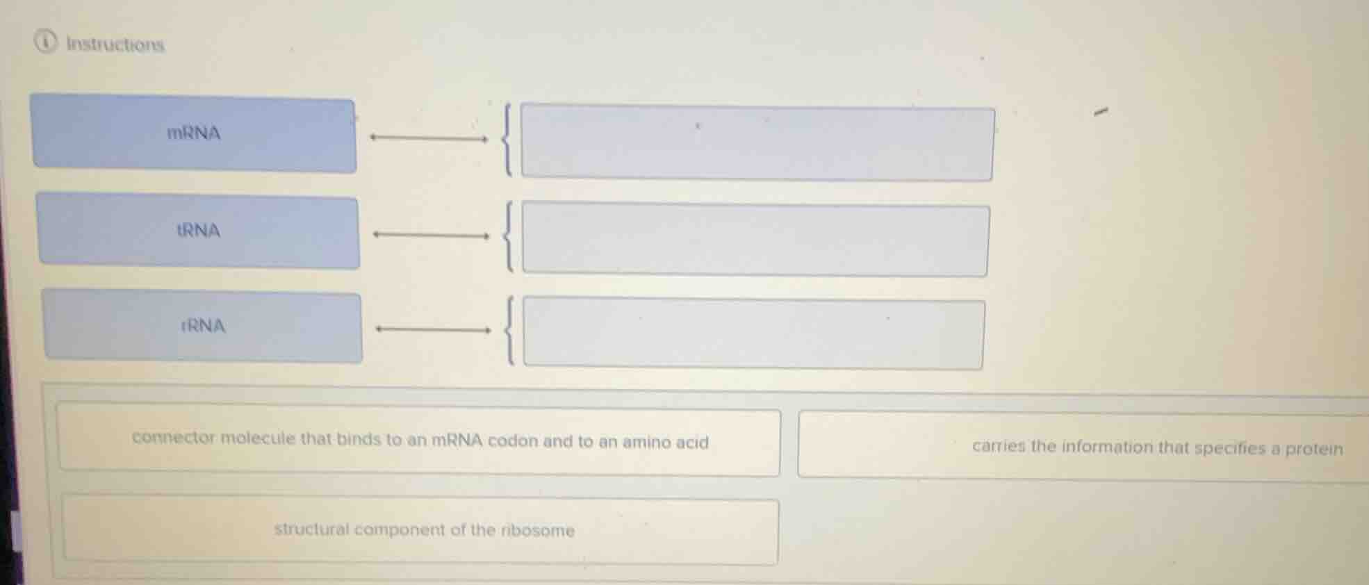 instructions\n\nmrna\ntrna\nrrna\n\nconnector molecule that binds to an mrna codon and to an amino acid\ncarries the information that specifies a protein\nstructural component of the ribosome