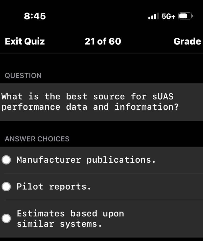 question\n\nwhat is the best source for suas performance data and information?\n\nanswer choices\n\nmanufacturer publications.\n\npilot reports.\n\nestimates based upon similar systems.