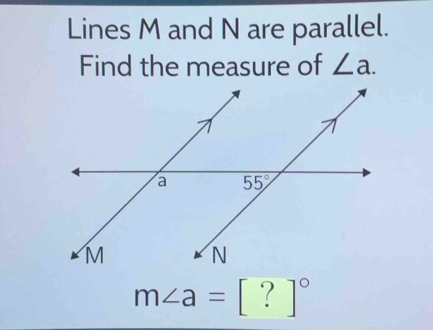 lines m and n are parallel.\nfind the measure of $\\angle a$.\n$m\\angle a = ? ^{\\circ}$
