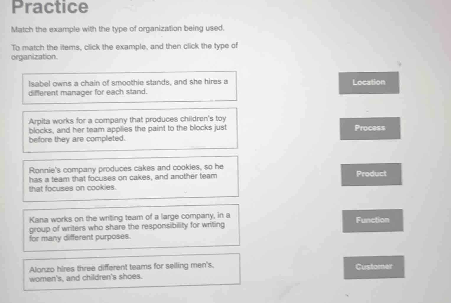 practice\n\nmatch the example with the type of organization being used.\n\nto match the items, click the example, and then click the type of organization.\n\nisabel owns a chain of smoothie stands, and she hires a different manager for each stand.\n\narpita works for a company that produces childrens toy blocks, and her team applies the paint to the blocks just before they are completed.\n\nronnies company produces cakes and cookies, so he has a team that focuses on cakes, and another team that focuses on cookies.\n\nkana works on the writing team of a large company, in a group of writers who share the responsibility for writing for many different purposes.\n\nalonzo hires three different teams for selling mens, womens, and childrens shoes.\n\nlocation\nprocess\nproduct\nfunction\ncustomer