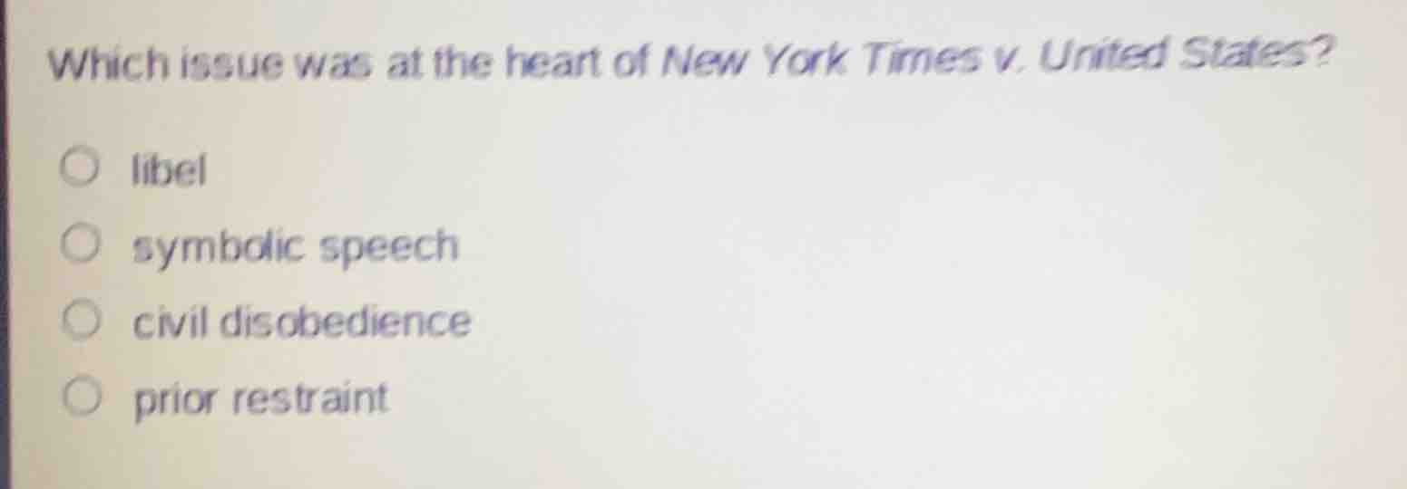 which issue was at the heart of new york times v. united states?\n\nlibel\nsymbolic speech\ncivil disobedience\nprior restraint