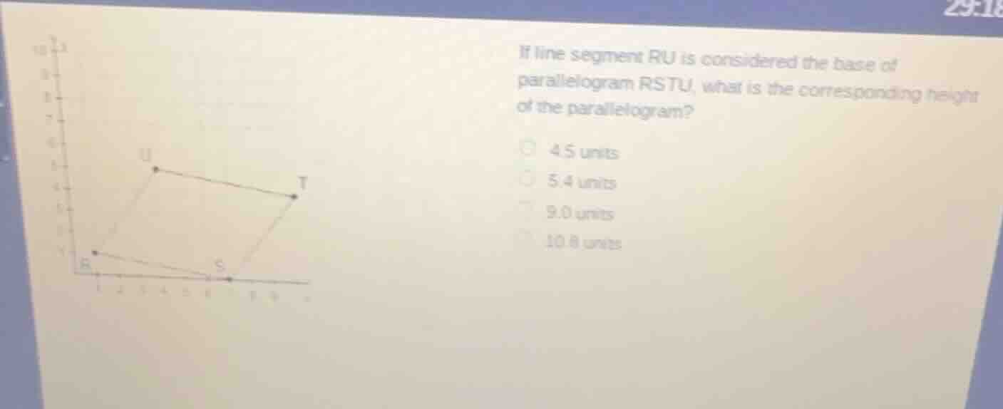 if line segment ru is considered the base of parallelogram rstu, what is the corresponding height of the parallelogram?\n\n4.5 units\n5.4 units\n9.0 units\n10.8 units