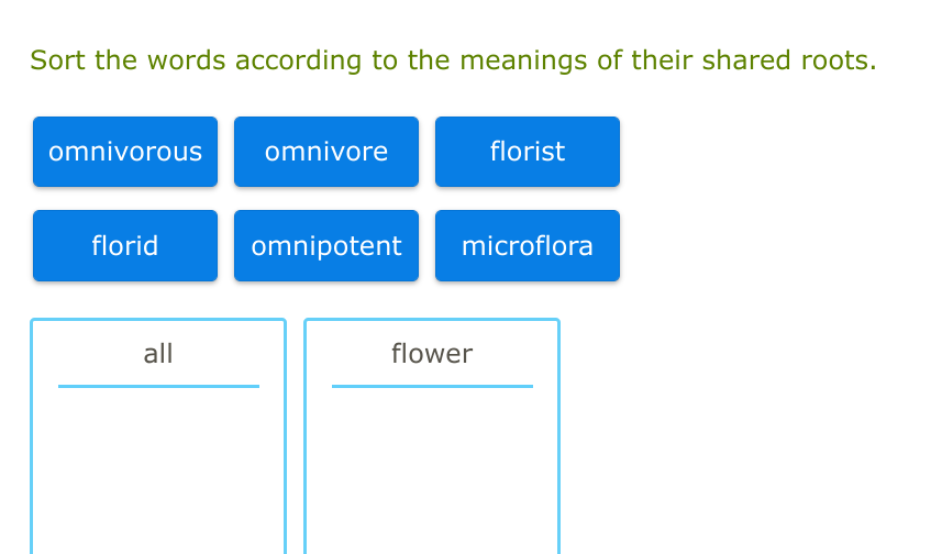 sort the words according to the meanings of their shared roots.\n\nomnivorous\nomnivore\nflorist\nflorid\nomnipotent\nmicroflora\n\nall\nflower