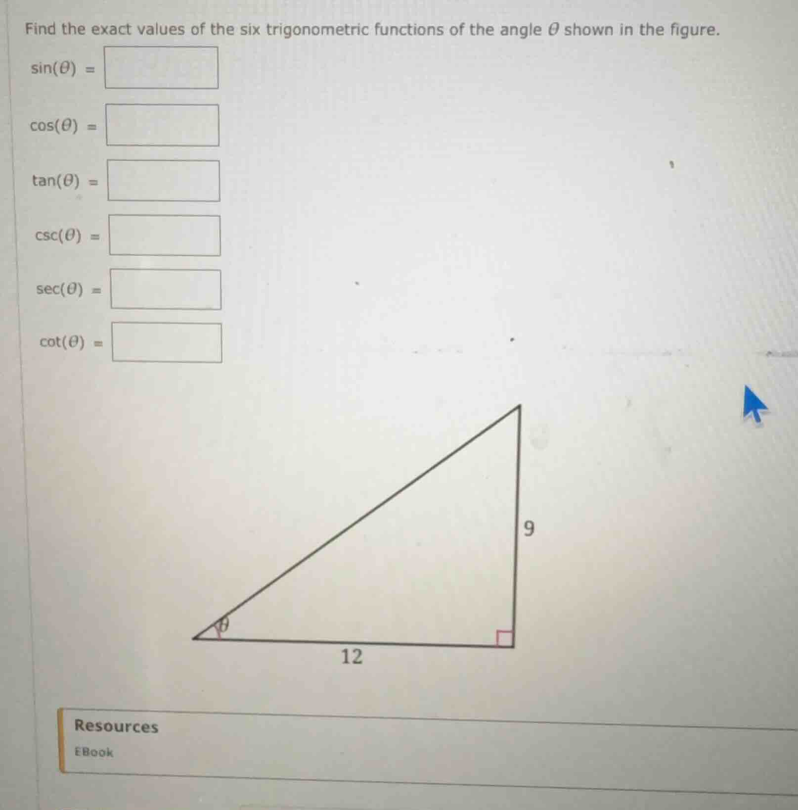 find the exact values of the six trigonometric functions of the angle $\\theta$ shown in the figure.\n$\\sin(\\theta) =$\n$\\cos(\\theta) =$\n$\\tan(\\theta) =$\n$\\csc(\\theta) =$\n$\\sec(\\theta) =$\n$\\cot(\\theta) =$