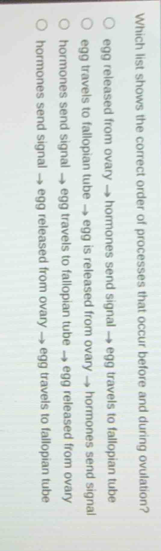 which list shows the correct order of processes that occur before and during ovulation?\n\negg released from ovary $\\rightarrow$ hormones send signal $\\rightarrow$ egg travels to fallopian tube\negg travels to fallopian tube $\\rightarrow$ egg is released from ovary $\\rightarrow$ hormones send signal\nhormones send signal $\\rightarrow$ egg travels to fallopian tube $\\rightarrow$ egg released from ovary\nhormones send signal $\\rightarrow$ egg released from ovary $\\rightarrow$ egg travels to fallopian tube