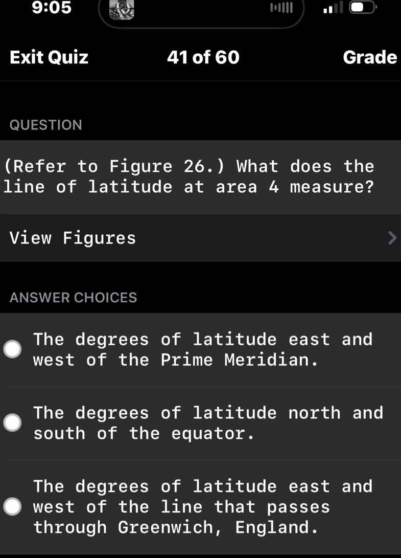 question\n\n(refer to figure 26.) what does the line of latitude at area 4 measure?\n\nanswer choices\n\nthe degrees of latitude east and west of the prime meridian.\n\nthe degrees of latitude north and south of the equator.\n\nthe degrees of latitude east and west of the line that passes through greenwich, england.