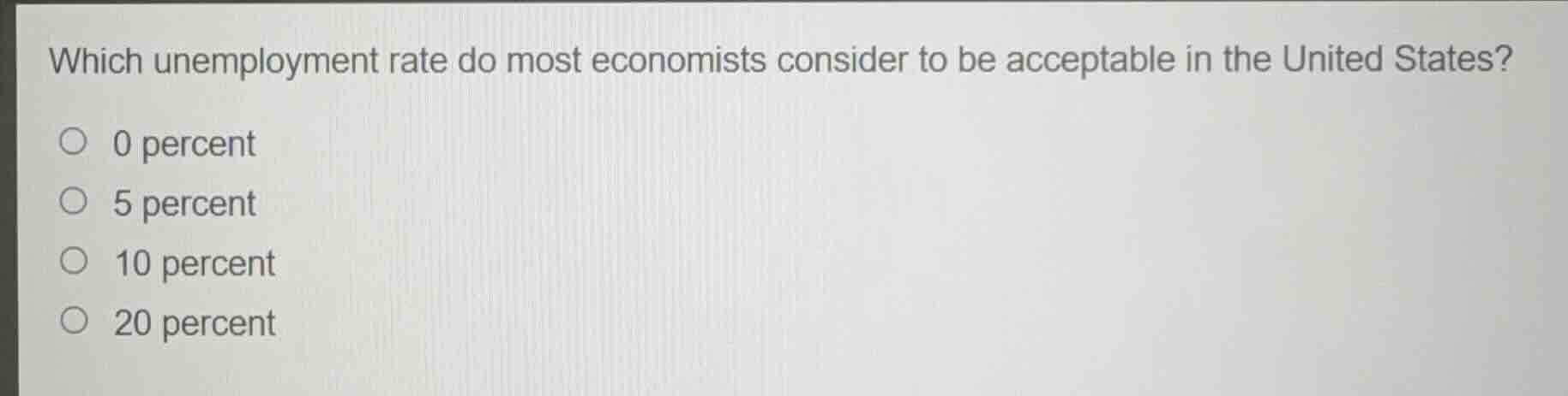 which unemployment rate do most economists consider to be acceptable in the united states?\n\n0 percent\n5 percent\n10 percent\n20 percent