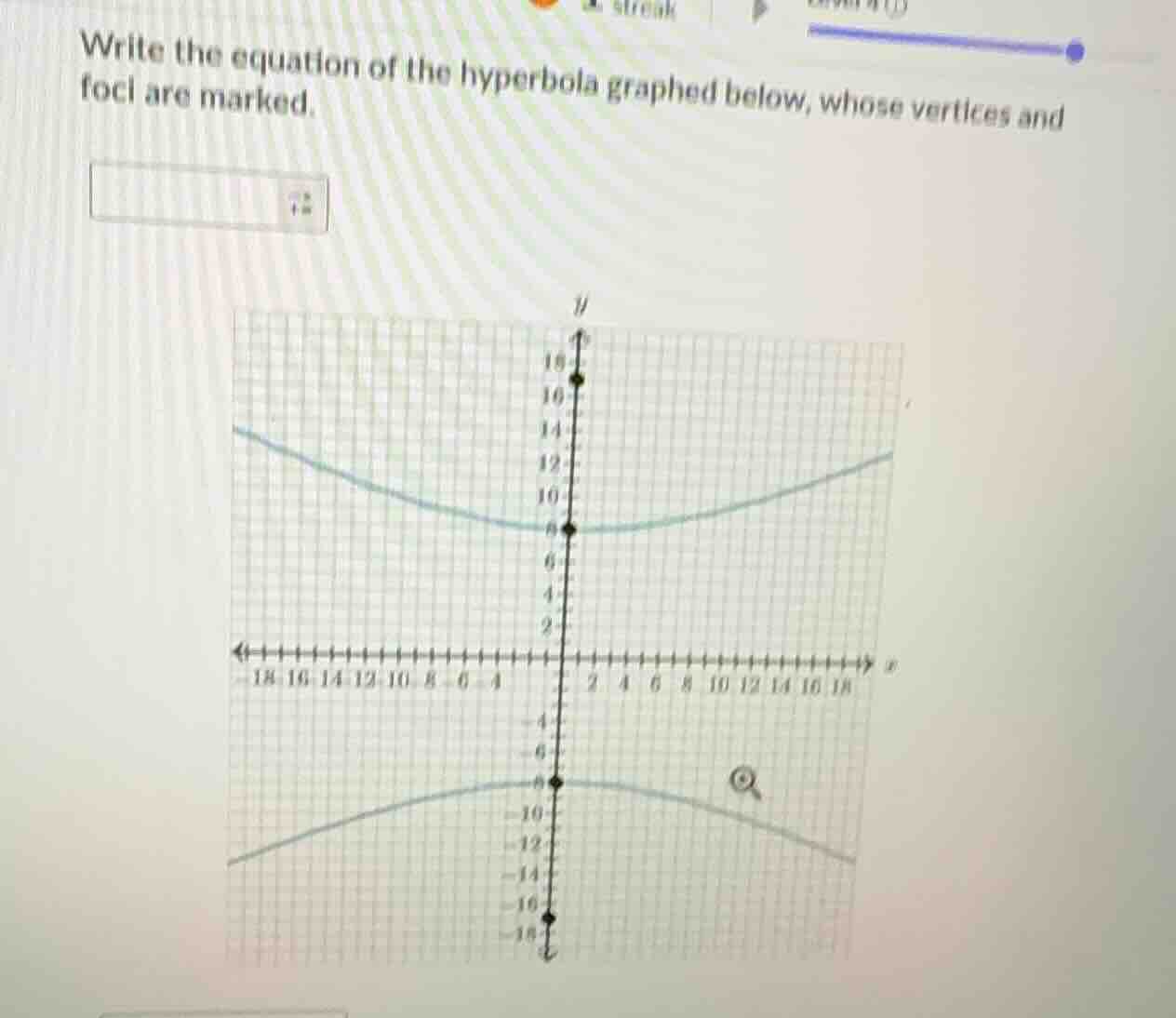 write the equation of the hyperbola graphed below, whose vertices and foci are marked.