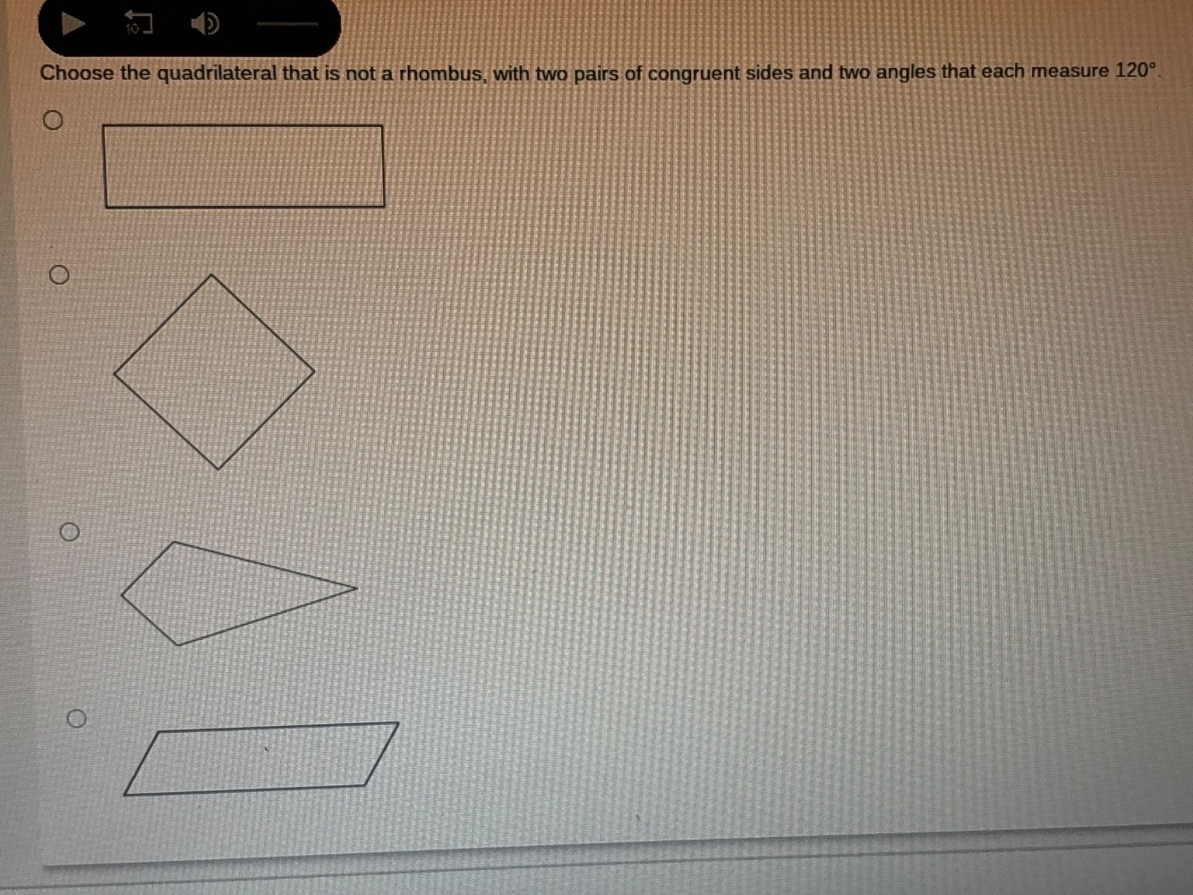 choose the quadrilateral that is not a rhombus, with two pairs of congruent sides and two angles that each measure $120^{\\circ}$.