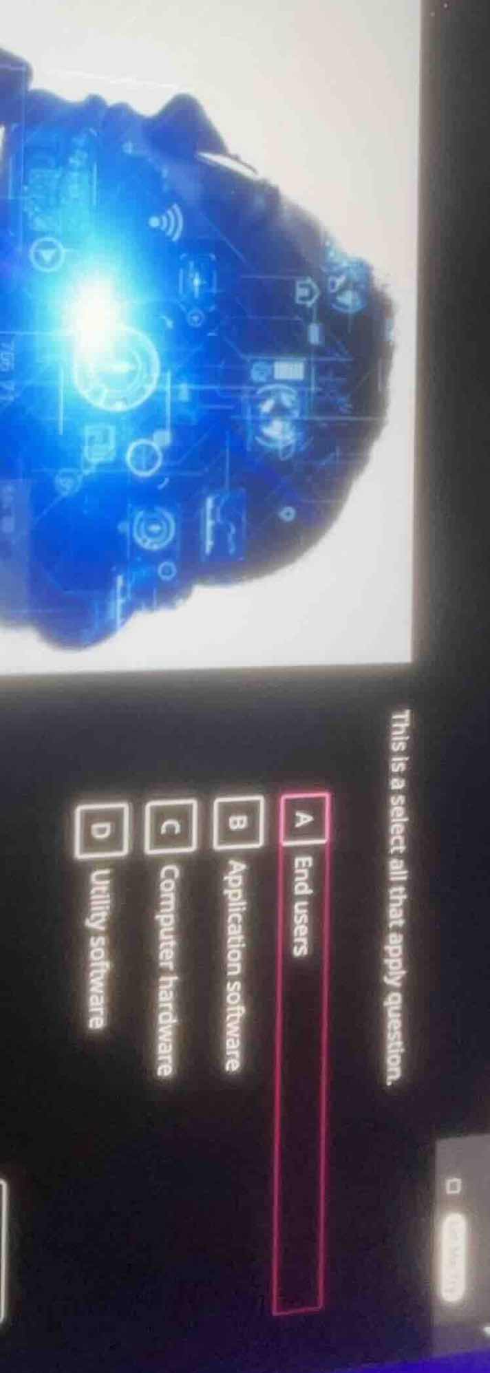 this is a select all that apply question.\na end users\nb application software\nc computer hardware\nd utility software