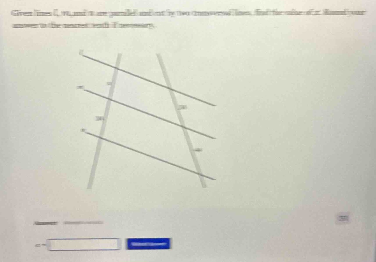 given lines $l$, $m$, and $n$ are parallel and cut by two transversal lines, find the value of $x$. round your answer to the nearest tenth if necessary.