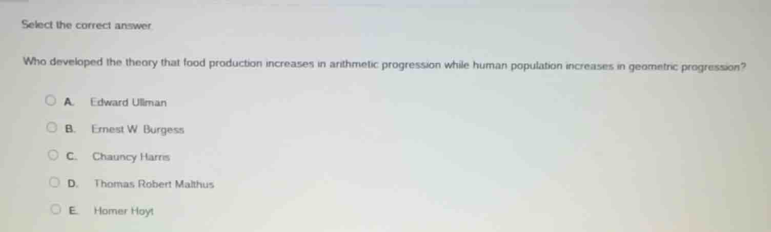 select the correct answer.\n\nwho developed the theory that food production increases in arithmetic progression while human population increases in geometric progression?\n\na. edward ullman\nb. ernest w. burgess\nc. chauncy harris\nd. thomas robert malthus\ne. homer hoyt