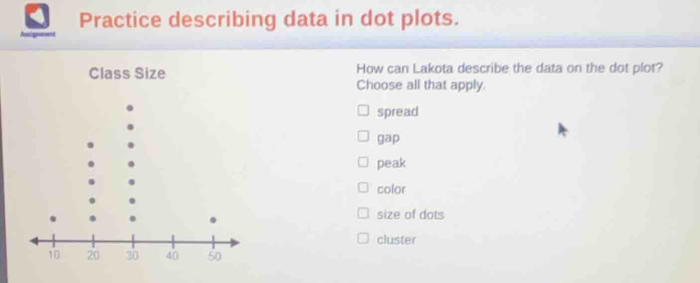 practice describing data in dot plots.\nclass size\nhow can lakota describe the data on the dot plot?\nchoose all that apply.\nspread\ngap\npeak\ncolor\nsize of dots\ncluster