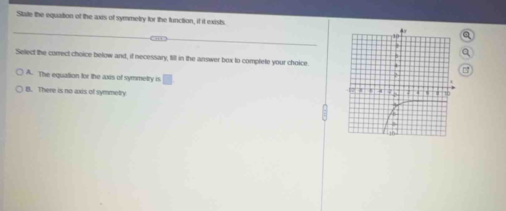 state the equation of the axis of symmetry for the function, if it exists.\nselect the correct choice below and, if necessary, fill in the answer box to complete your choice.\na. the equation for the axis of symmetry is\nb. there is no axis of symmetry.