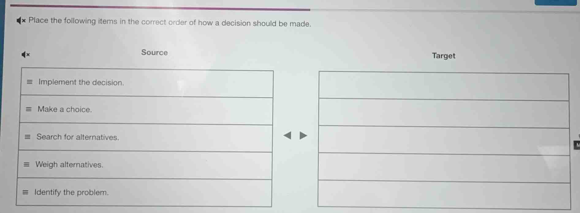 place the following items in the correct order of how a decision should be made.\n\nsource:\n- implement the decision.\n- make a choice.\n- search for alternatives.\n- weigh alternatives.\n- identify the problem.\n\ntarget: