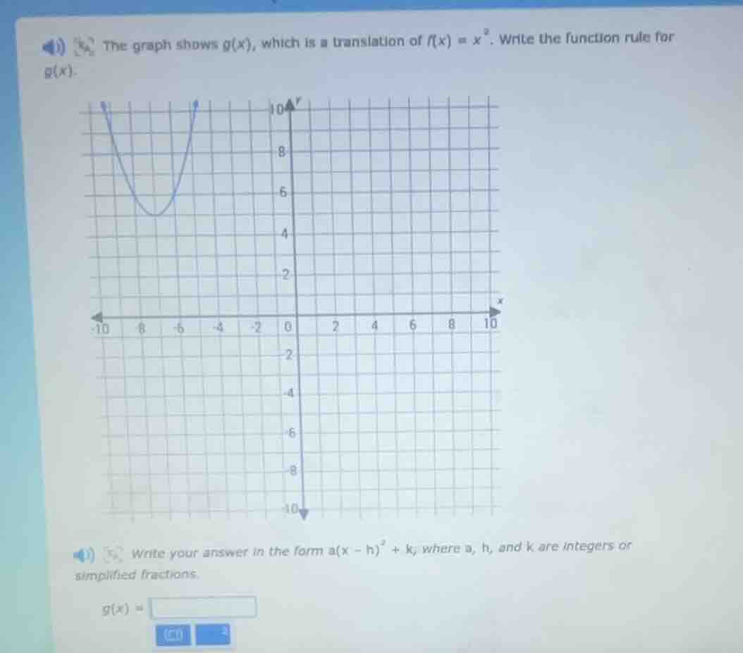 the graph shows $g(x)$, which is a translation of $f(x) = x^2$. write the function rule for $g(x)$. write your answer in the form $a(x - h)^2 + k$, where $a$, $h$, and $k$ are integers or simplified fractions. $g(x) = $