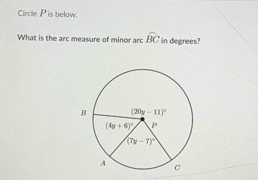 circle $p$ is below.\nwhat is the arc measure of minor arc $\\widehat{bc}$ in degrees?