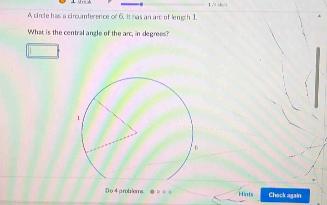 a circle has a circumference of 6. it has an arc of length 1.\n\nwhat is the central angle of the arc, in degrees?