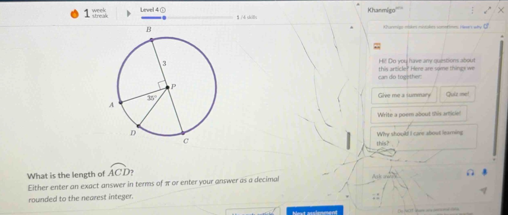 what is the length of $\\widehat{acd}$?\neither enter an exact answer in terms of $\\pi$ or enter your answer as a decimal rounded to the nearest integer.
