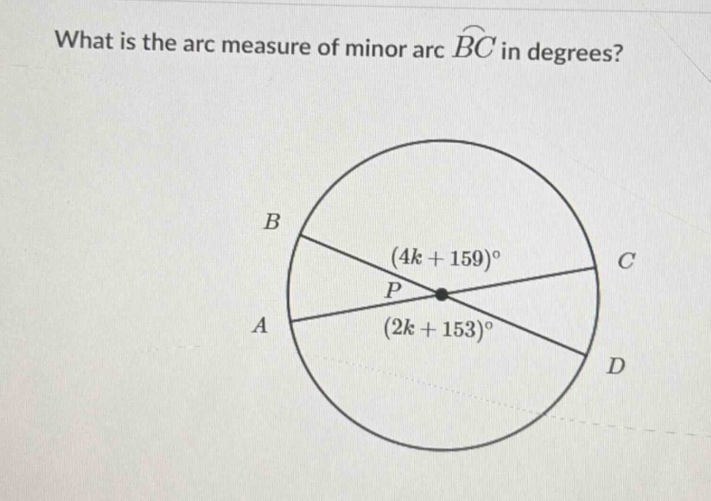 what is the arc measure of minor arc $\\widehat{bc}$ in degrees?