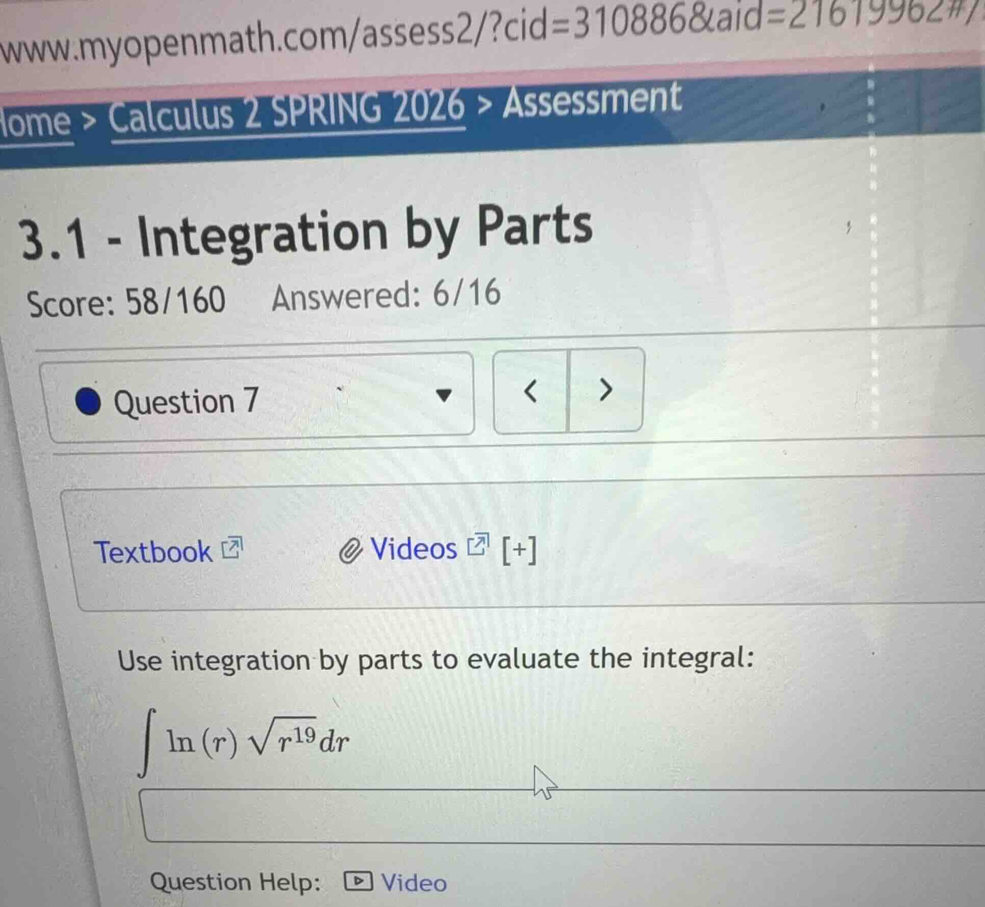 use integration by parts to evaluate the integral:\n$$\\int \\ln(r) \\sqrt{r^{19}} dr$$