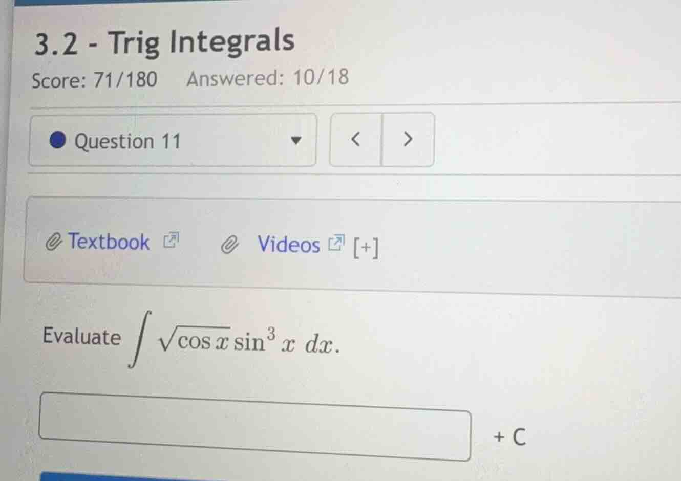 evaluate $\\int \\sqrt{\\cos x} \\sin^{3} x \\, dx$.