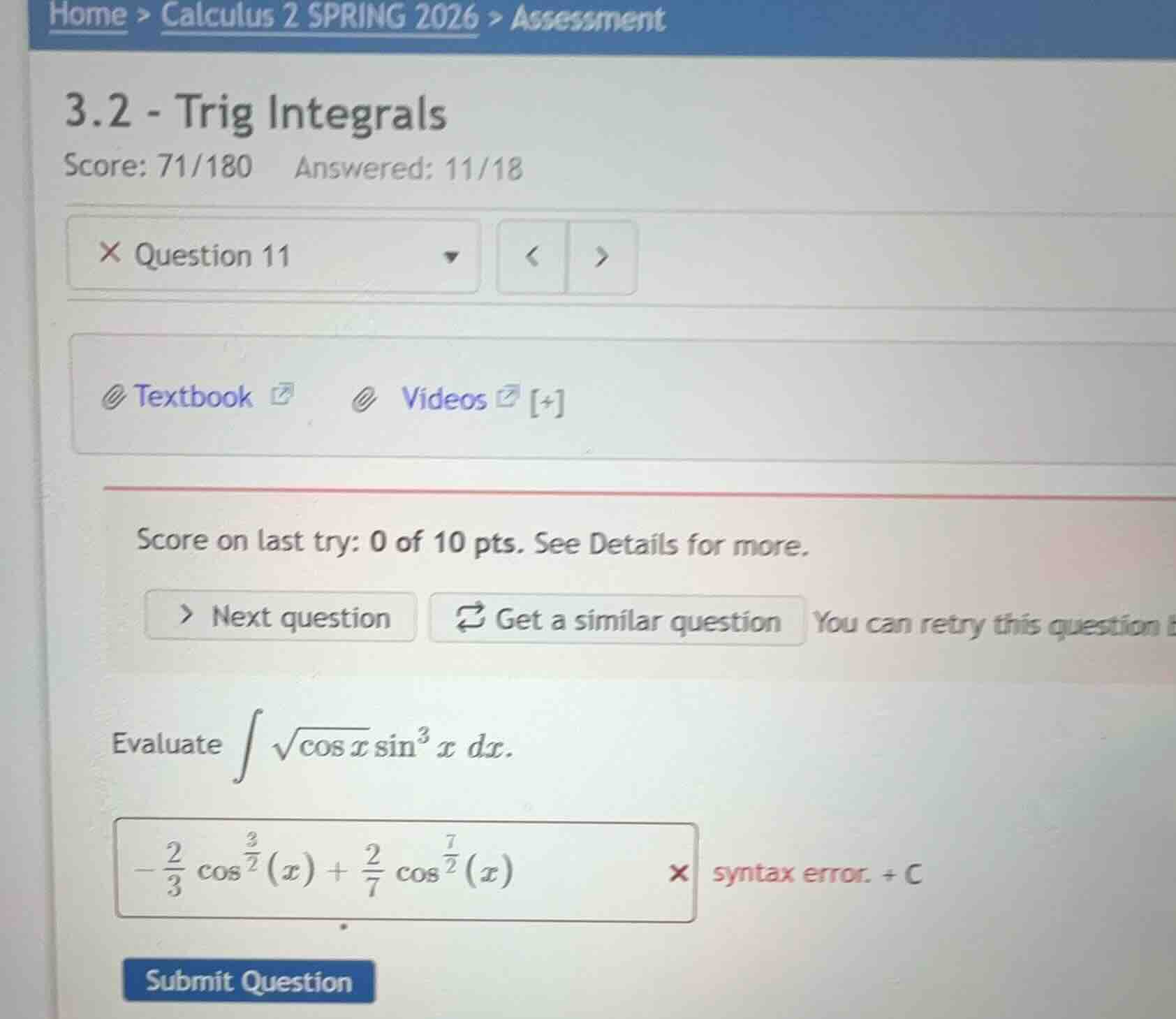 evaluate $\\int \\sqrt{\\cos x} \\sin^3 x \\, dx$.