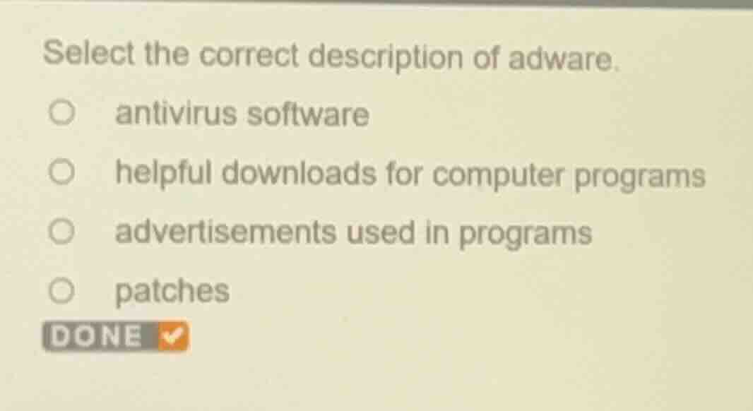 select the correct description of adware.\nantivirus software\nhelpful downloads for computer programs\nadvertisements used in programs\npatches