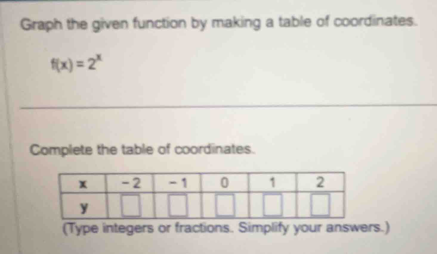 graph the given function by making a table of coordinates.\n\n$f(x) = 2^x$\n\ncomplete the table of coordinates.\n\n| x | -2 | -1 | 0 | 1 | 2 |\n|---|---|---|---|---|---|\n| y | | | | | |\n\n(type integers or fractions. simplify your answers.)