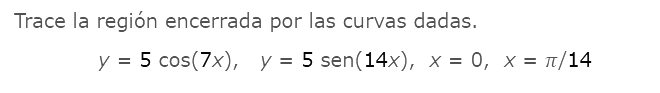 trace la región encerrada por las curvas dadas.\n$y = 5 \\cos(7x)$, $y = 5 \\operatorname{sen}(14x)$, $x = 0$, $x = \\pi/14$