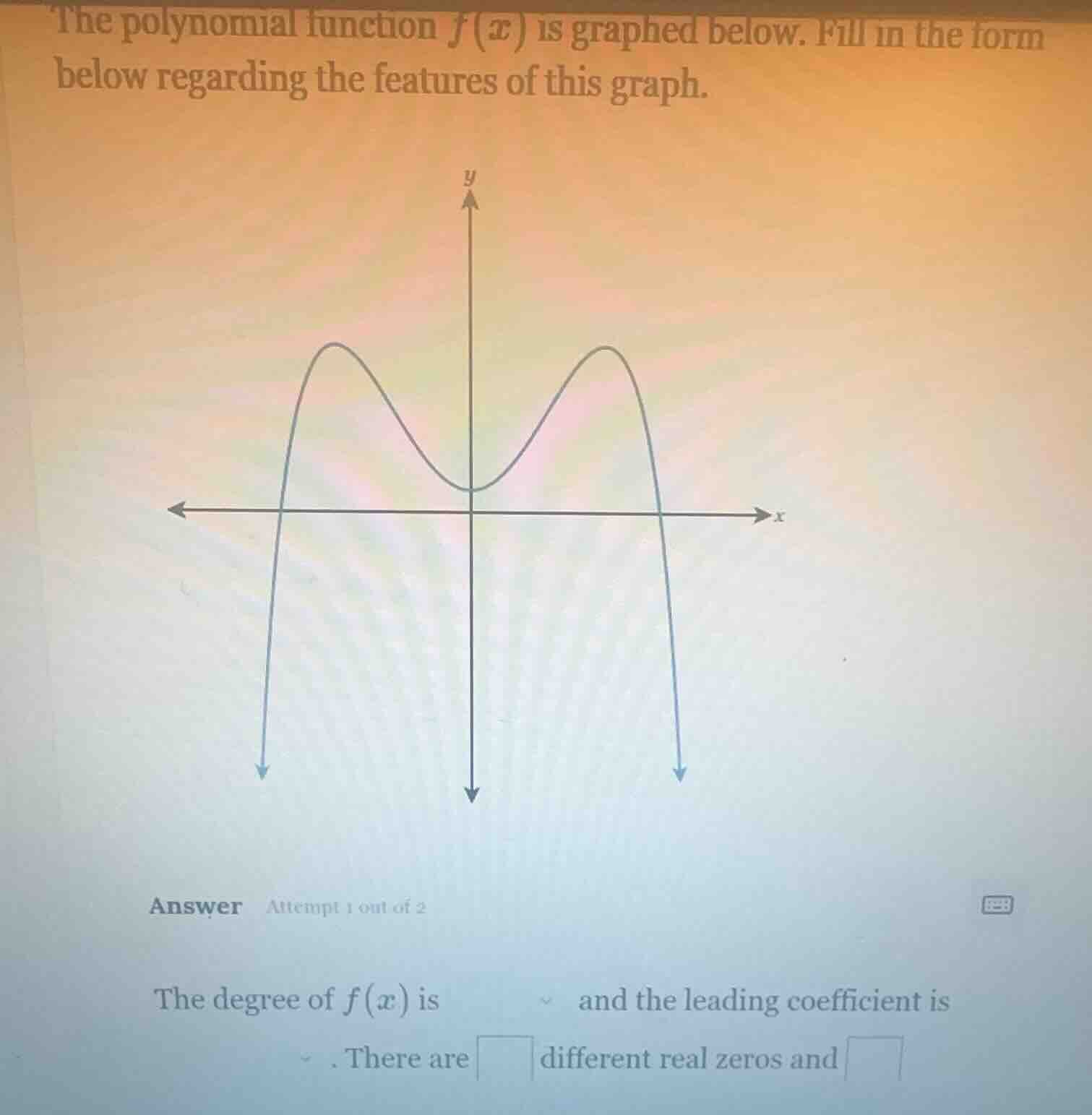 the polynomial function $f(x)$ is graphed below. fill in the form below regarding the features of this graph.\n\nthe degree of $f(x)$ is ___ and the leading coefficient is ___. there are ___ different real zeros and ___.
