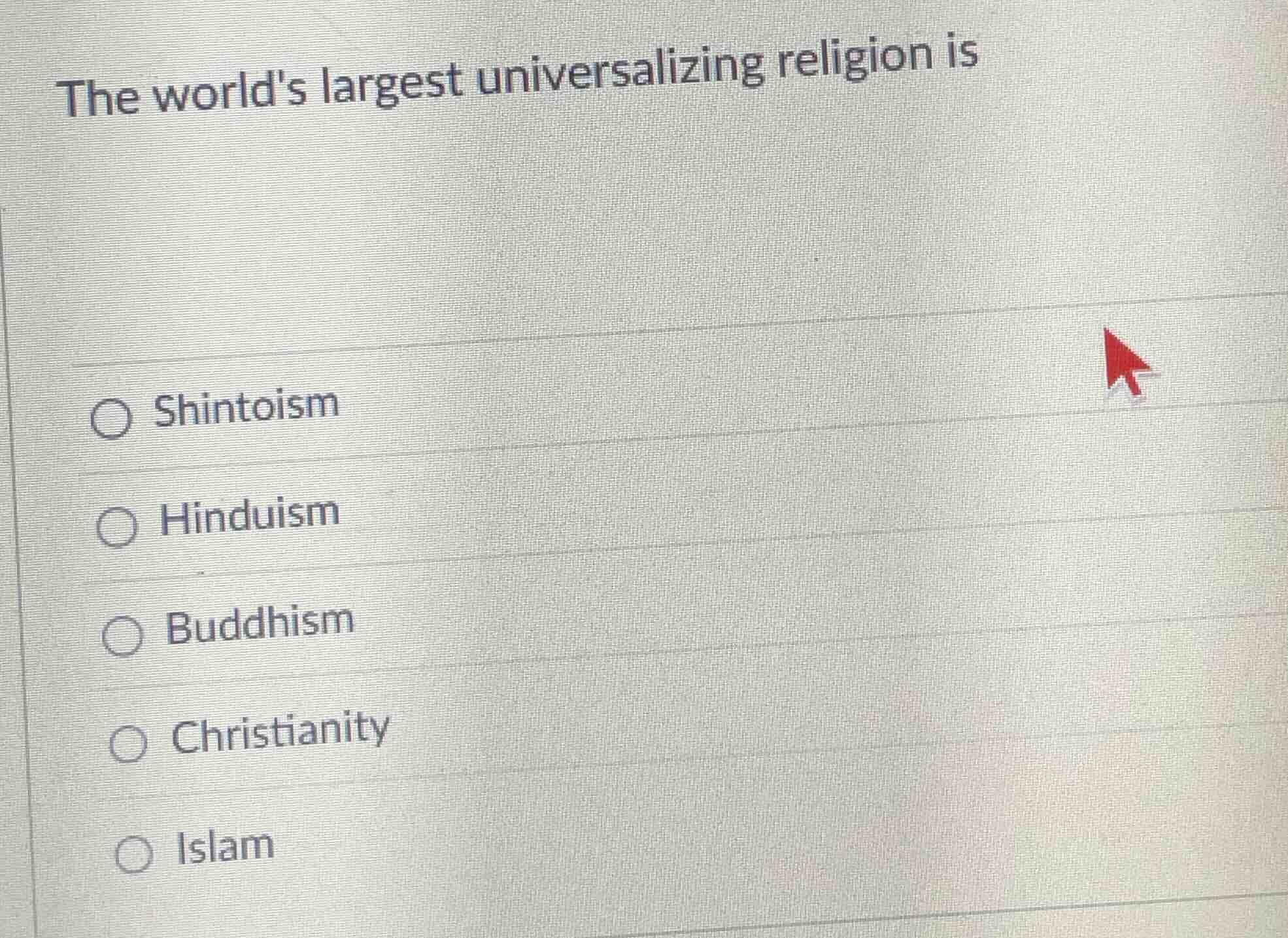 the worlds largest universalizing religion is\n\nshintoism\nhinduism\nbuddhism\nchristianity\nislam