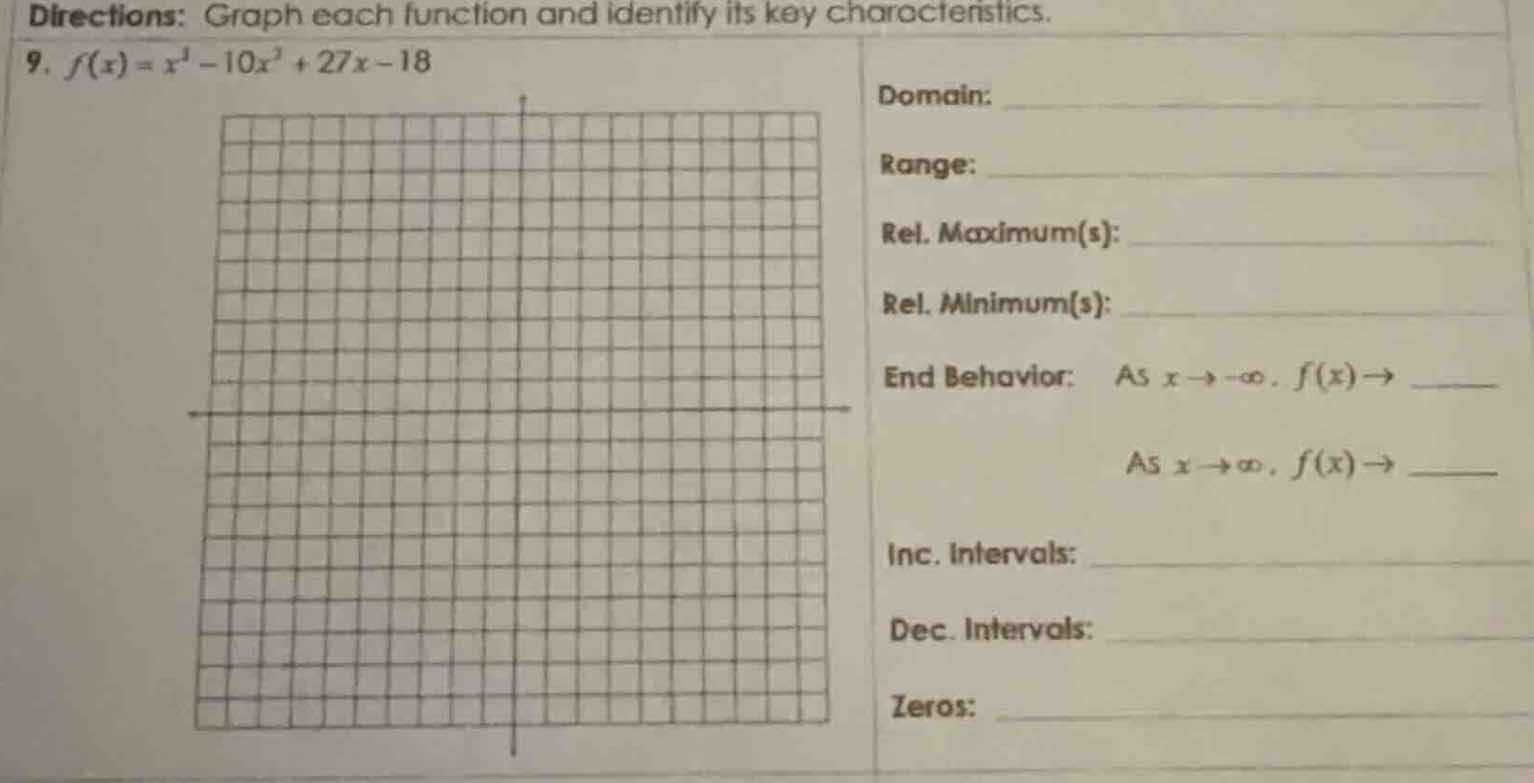 directions: graph each function and identify its key characteristics.\n9. $f(x) = x^3 - 10x^2 + 27x - 18$\ndomain:\nrange:\nrel. maximum(s):\nrel. minimum(s):\nend behavior: as $x \\to -\\infty, f(x) \\to$\nas $x \\to \\infty, f(x) \\to$\ninc. intervals:\ndec. intervals:\nzeros: