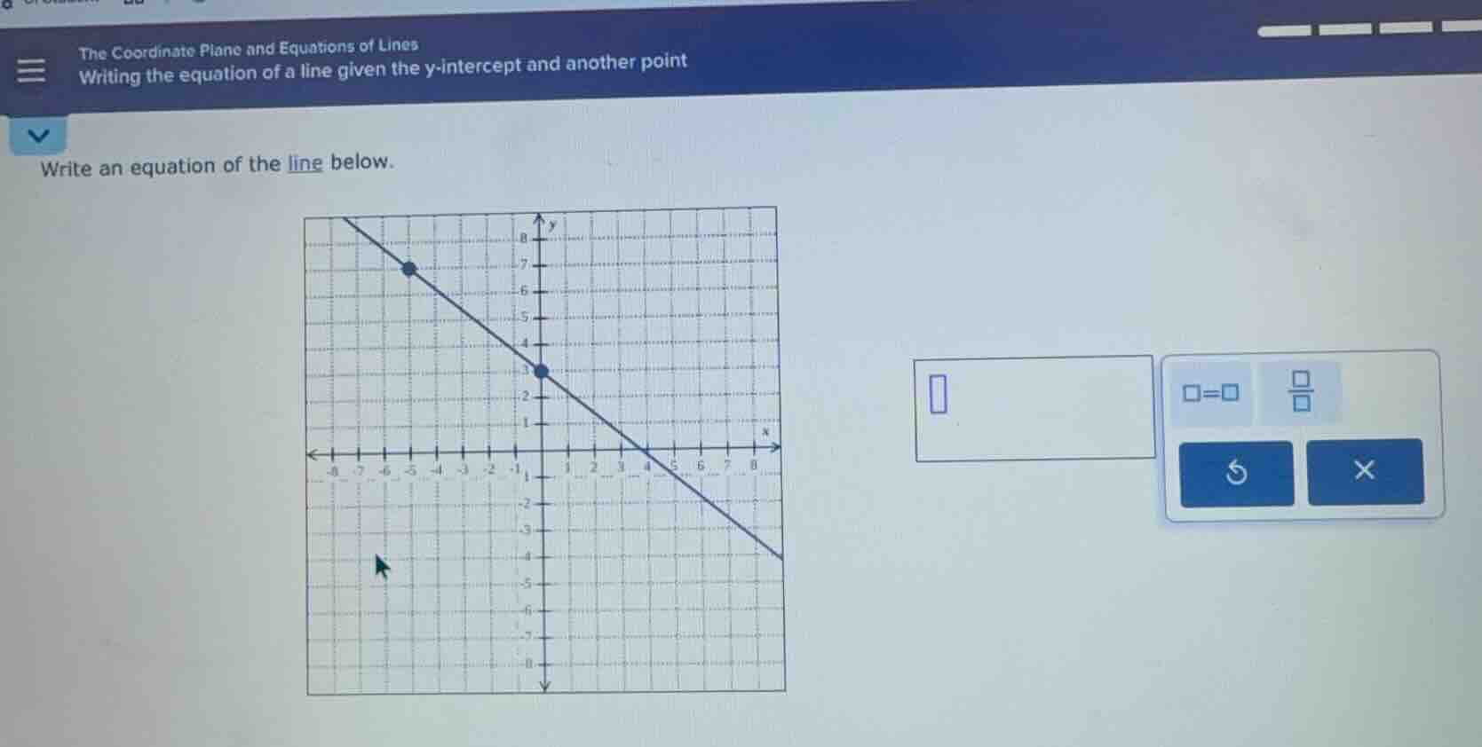the coordinate plane and equations of lines\nwriting the equation of a line given the y-intercept and another point\nwrite an equation of the line below.