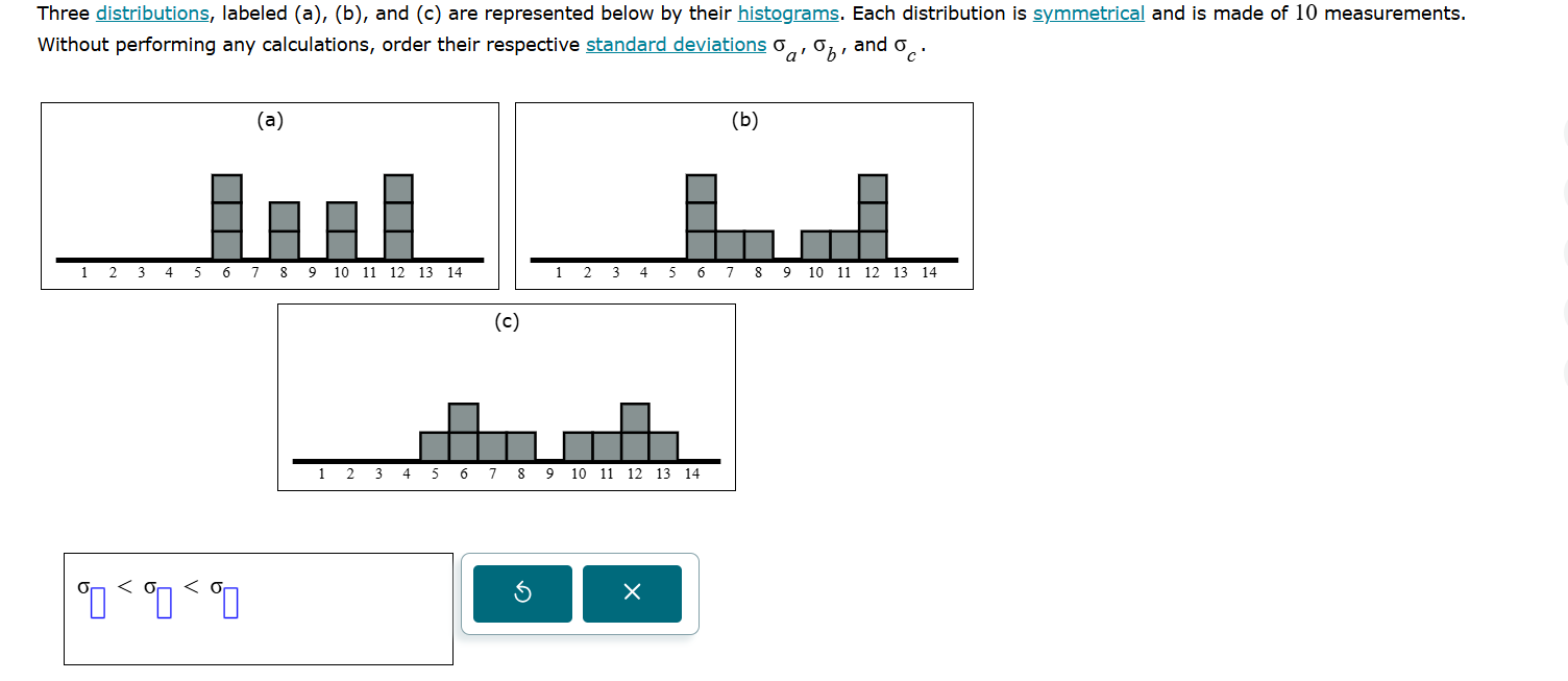 three distributions, labeled (a), (b), and (c) are represented below by their histograms. each distribution is symmetrical and is made of 10 measurements. without performing any calculations, order their respective standard deviations $\\sigma_a$, $\\sigma_b$, and $\\sigma_c$.\n\n(a)\n1 2 3 4 5 6 7 8 9 10 11 12 13 14\n\n(b)\n1 2 3 4 5 6 7 8 9 10 11 12 13 14\n\n(c)\n1 2 3 4 5 6 7 8 9 10 11 12 13 14\n\n$\\sigma_{\\square} < \\sigma_{\\square} < \\sigma_{\\square}$