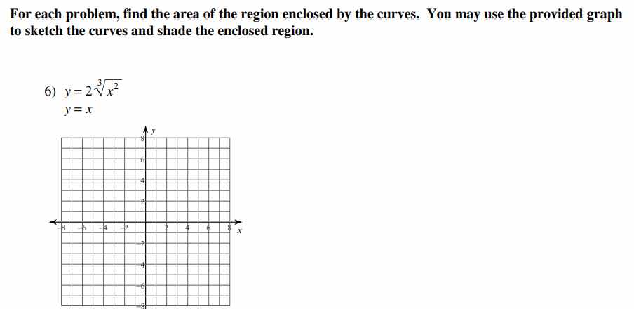 for each problem, find the area of the region enclosed by the curves. you may use the provided graph to sketch the curves and shade the enclosed region.\n\n6) $y = 2\\sqrt3{x^2}$\n$y = x$