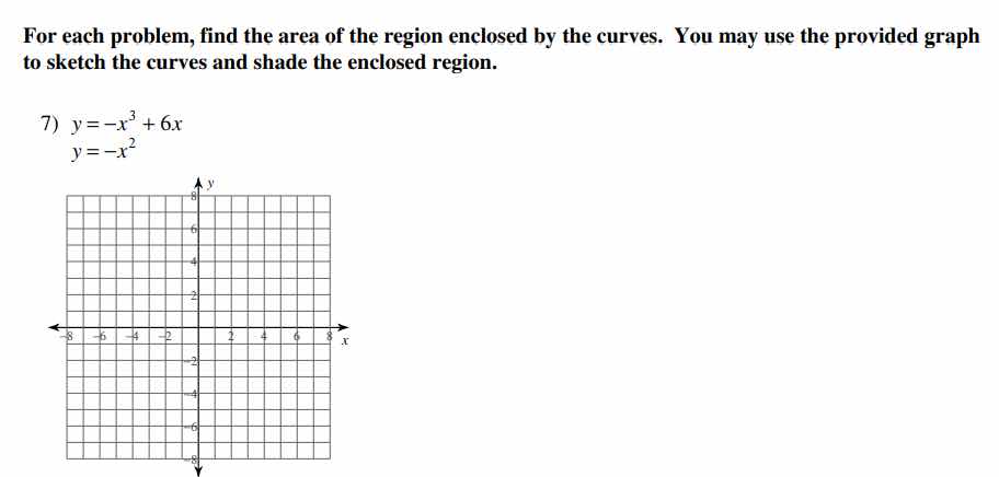 for each problem, find the area of the region enclosed by the curves. you may use the provided graph to sketch the curves and shade the enclosed region.\n\n7) $y = -x^3 + 6x$\n$y = -x^2$