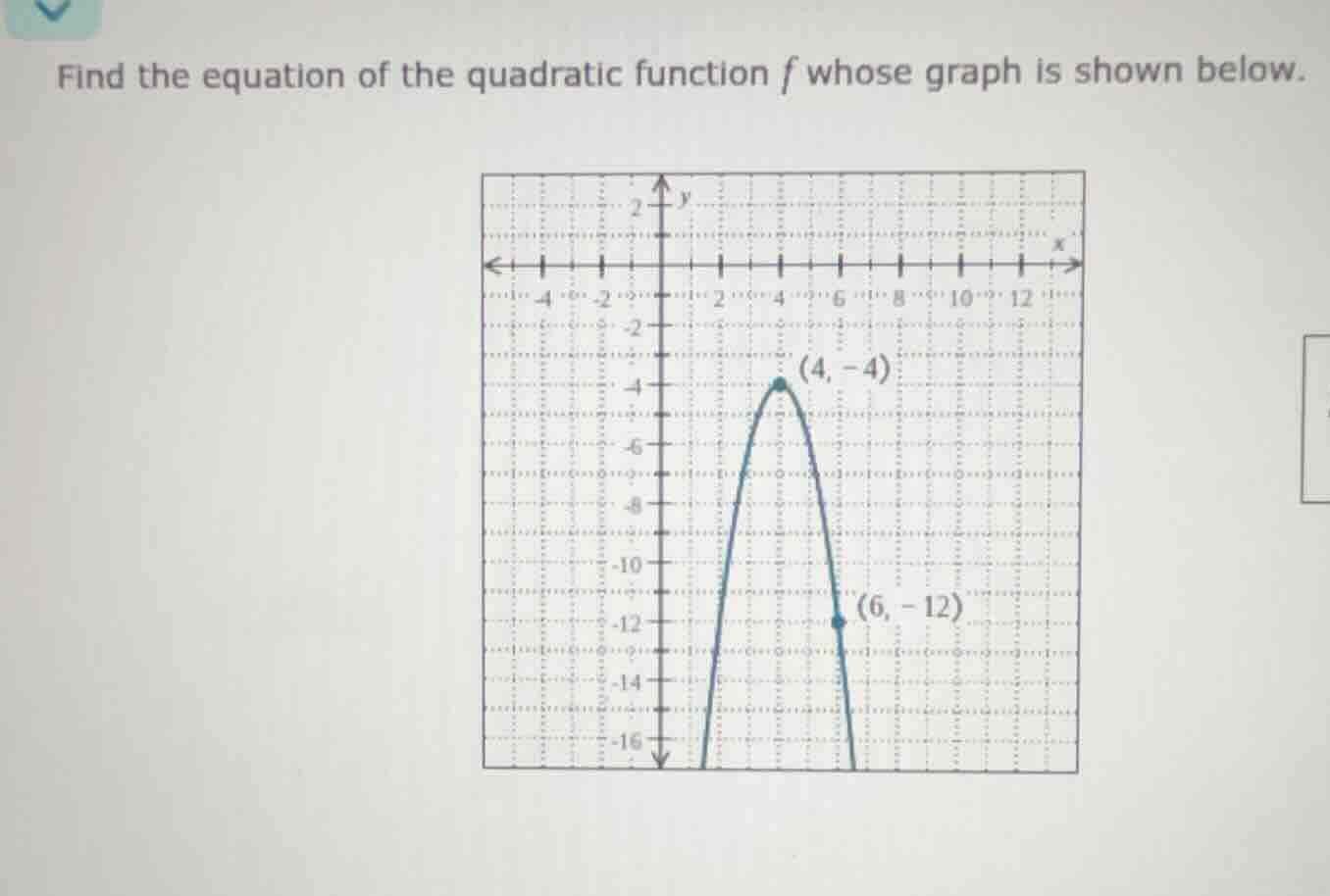 find the equation of the quadratic function $f$ whose graph is shown below.